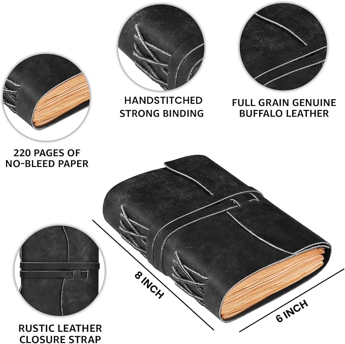 LEATHER VILLAGE Leather Bound Journal - Black, 8"X6", 220 Pages - Vintage Blank Paper Diary for Writing, Drawing, Sketchbook, and Travel Notebook - Ideal for Women and Men