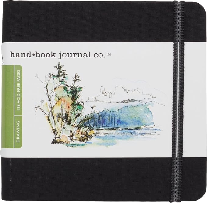 Handbook Journal Co. Sketch Book - Large Landscape 5.5 x 8.25 in Ivory Black European Linen-Bound Hard Cover, 128 Pages (64 Sheets) of 130 GSM Acid-Free Art Drawing Paper, Pocket and Elastic Closure