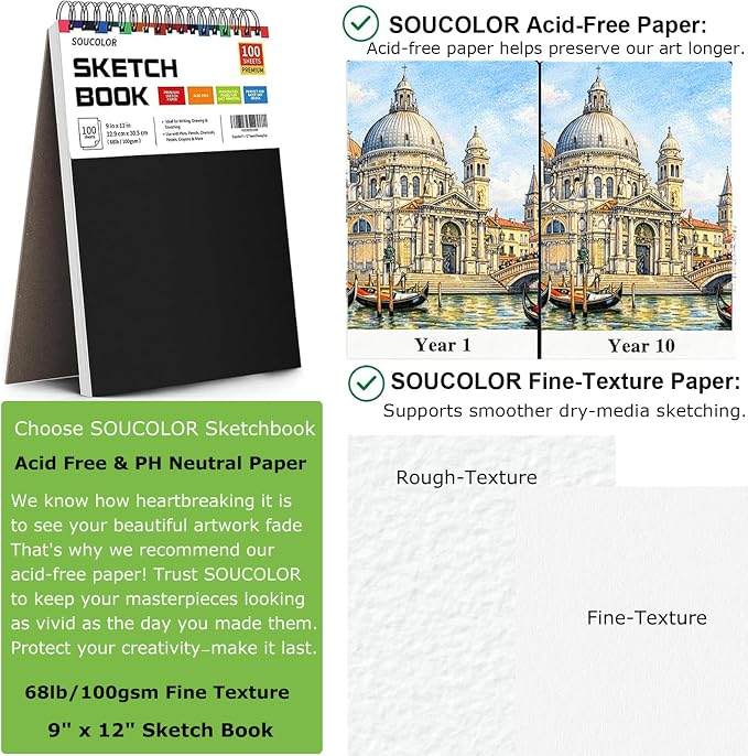 Soucolor Sketch Book 9x12,100 Sheets, Kids Art Sketchbook for Drawing Pad | 68lb Acid-Free,Fine-Texture Matte,No Bleed-Through,Top Spiral Lay-Flat, Micro-Perforated — Dry Media, Sketch Book for Adults