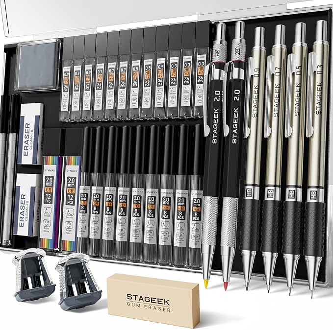STAGEEK Mechanical Pencil Set with Case 37 Count, Drawing Pencils 0.3, 0.5, 0.7, 0.9MM & 2PCS 2MM Sketching Pencils with 492PCS Lead Refills (6B 4B 2B HB 2H 4H Color) for Artist Drafting Drawing