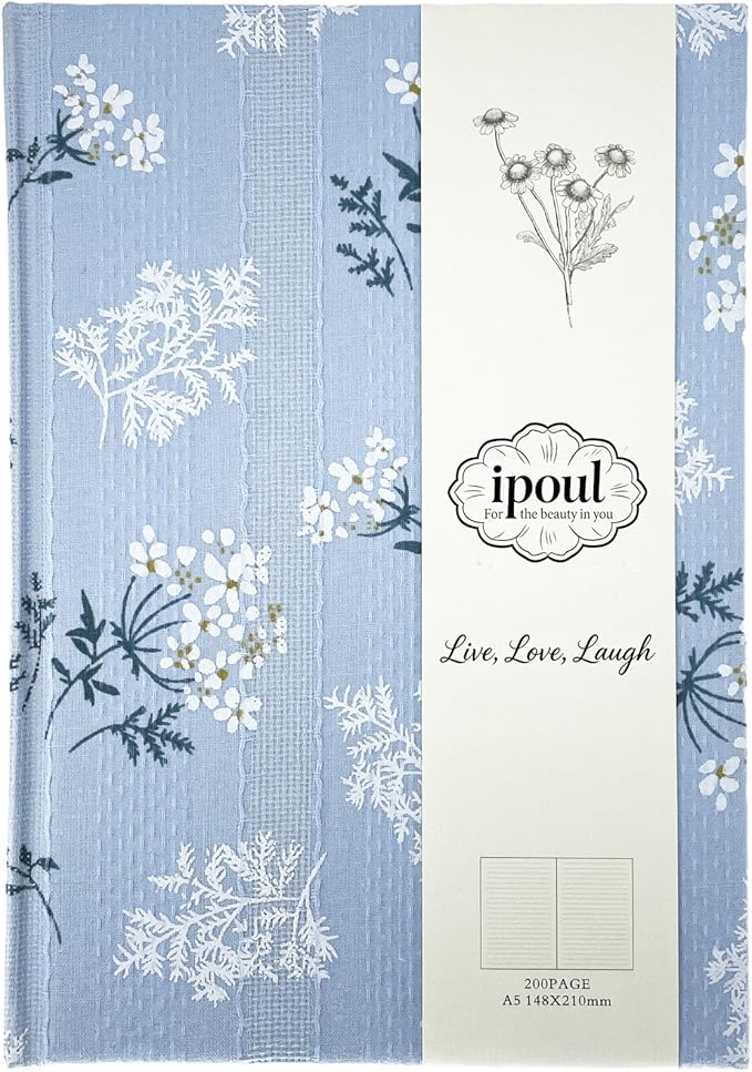 Floral Hardcover Journal for Writing, Lined Notebook for women, A5, 200 Pages, 6x8 Medium Size Notebook, Floret Printed Fabric Linen Personal Journal, Lay Flat Notebook, Reading Journal, Blue.