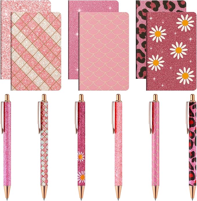 12 Set Cute Mini Notebook and Fancy Pen Gift Set for Women 6 Mini Glitter Pocket Notepad 6 Cute Sparkly Glitter Pen for Girl Office First Day of School Mother's Day Christmas Graduation(Pink)