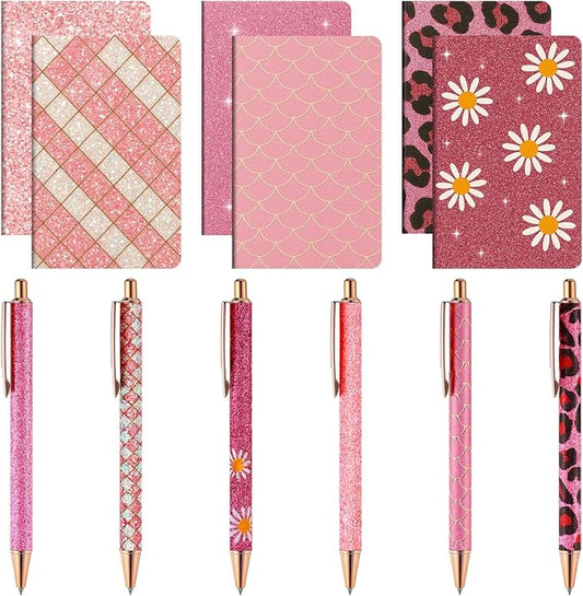 12 Set Cute Mini Notebook and Fancy Pen Gift Set for Women 6 Mini Glitter Pocket Notepad 6 Cute Sparkly Glitter Pen for Girl Office First Day of School Mother's Day Christmas Graduation(Pink)