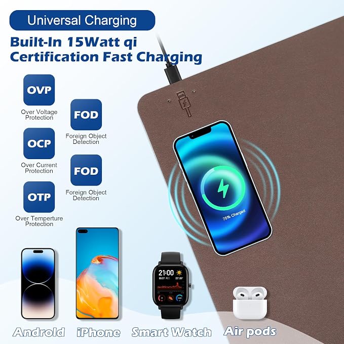 Wireless Charging Desk Mat, Mouse Pad, Brown-L, 36 * 17inch