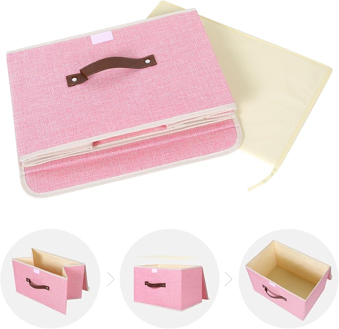 ANMINY Storage Bin with Lid Storage Boxes with PU Leather Handles PP Plastic Board Decorative Foldable Lidded Cotton Linen Fabric Home Cubes Baskets Closet Organizer Container - Pink, Medium