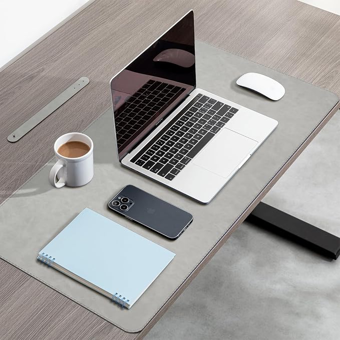 CHEERYGOO Leather Desk Pad Protector, Mouse Pad, Office Desk Mat, Non-Slip PU Leather Desk Blotter, Laptop Desk Pad, Waterproof Desk Writing Pad for Office and Home 31.5"x 15.7" L Light Grey