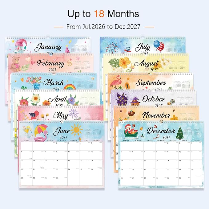 2027 Wall Calendar - 18 Months Wall Calendar 2026-2027 with Thick Paper, Jul 2026 - Dec 2027, 14" x 11", Twin-Wire Binding, Home or Office Calendar for Easy Organizing