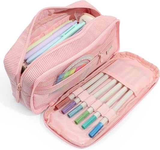 SUNEE Pencil Case, Large Capacity Pencil Pouch, Aesthetic Big Pen Bag, Soft Corduroy Pen Box for Office Stationery Organizer School Supplies Multifunctional for Teen Boys Girls Women Men, Soft Pink