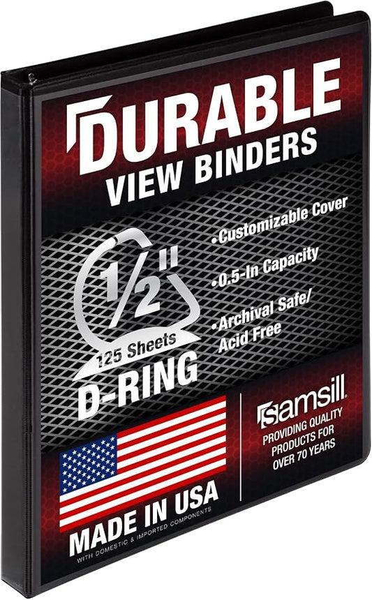 Samsill Durable 0.5 inch 3 Ring Binder, D Ring Binder,100% Recycled Chipboard, Black