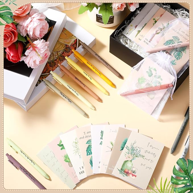 Mooliwe 48 Pcs Positive Affirmation Gift Set Gratitude Notebooks with Pens Small Bags Motivational Encouragement Notepads Daily Affirmations Journal for Women Stress Relief Self Care (Flower)