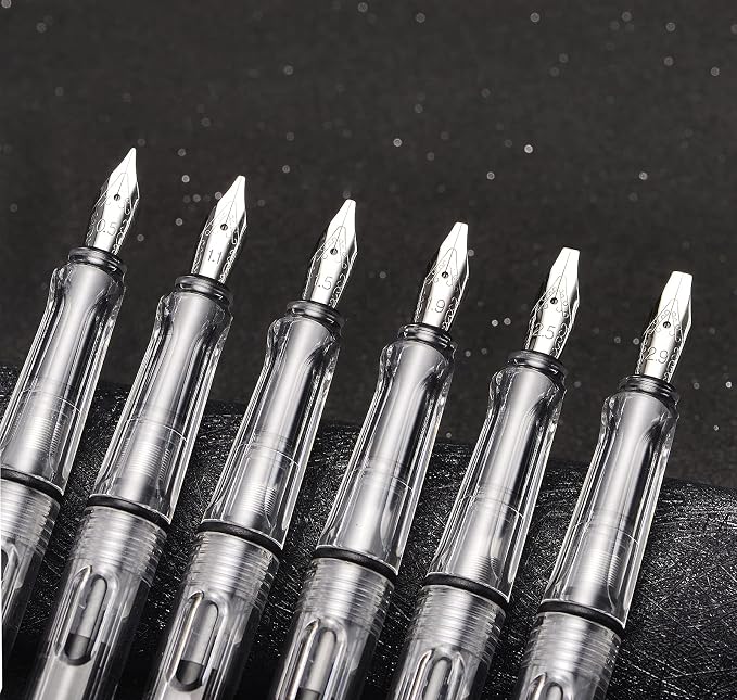 Lanxivi Yongsheng Calligraphy Fountain Pen Set Transparent Clear, 6 Assorted Tip Sizes for Art Drawing and Writing Signature