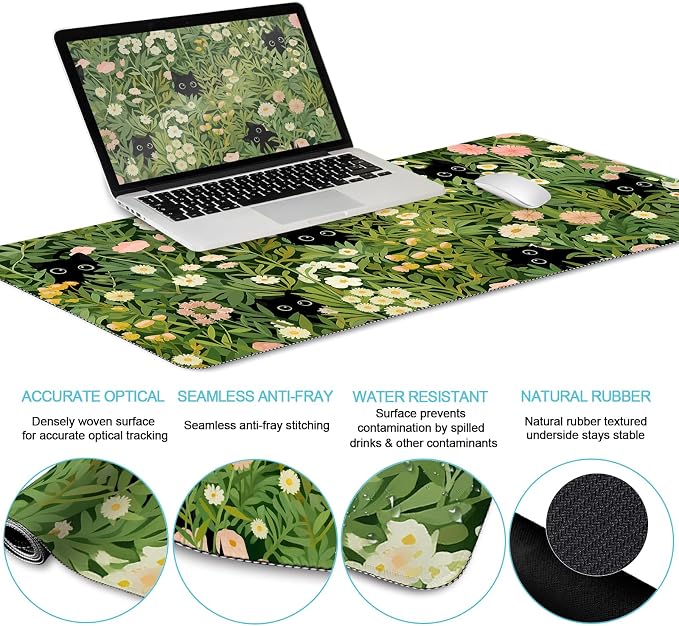 LIMKRIAN Cat Mouse Pad with Wrist Rest, Green Office Desk Accessories | Desk Mat Sets Accessories, Gaming Ergonomic Mouse Pad Wrist Support, Keyboard Mat Wrist Rest, Cup Coaster, Cute Desk Decor