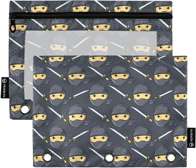 Binder Pencil Pouches Ninja Pattern Pen Case Black | Clear Window 3 Rings, Cosmetic Bags School Office Supplies Cosmetic Makeup Bag 2 Psc