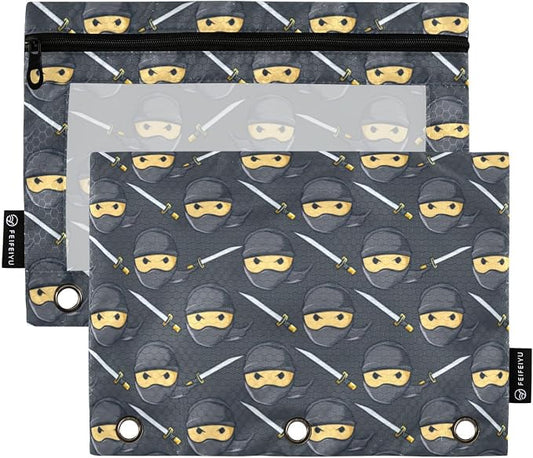 Binder Pencil Pouches Ninja Pattern Pen Case Black | Clear Window 3 Rings, Cosmetic Bags School Office Supplies Cosmetic Makeup Bag 2 Psc