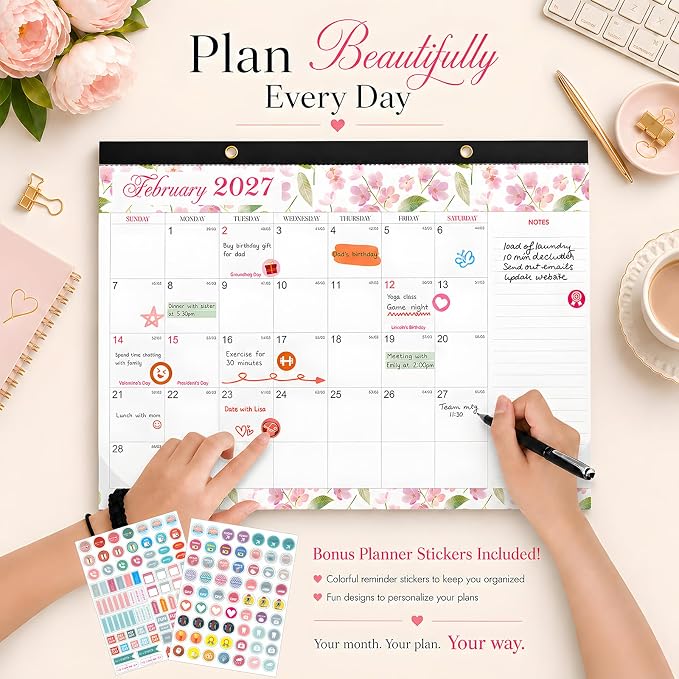 Desk Calendar 2026-2027 - Ougesi 19 Month Desk Top Calendar June 2026 - Dec 2027,17x12 Academic Desk Calendar with Thick Paper, Large Blocks for Home & Office (Floral)