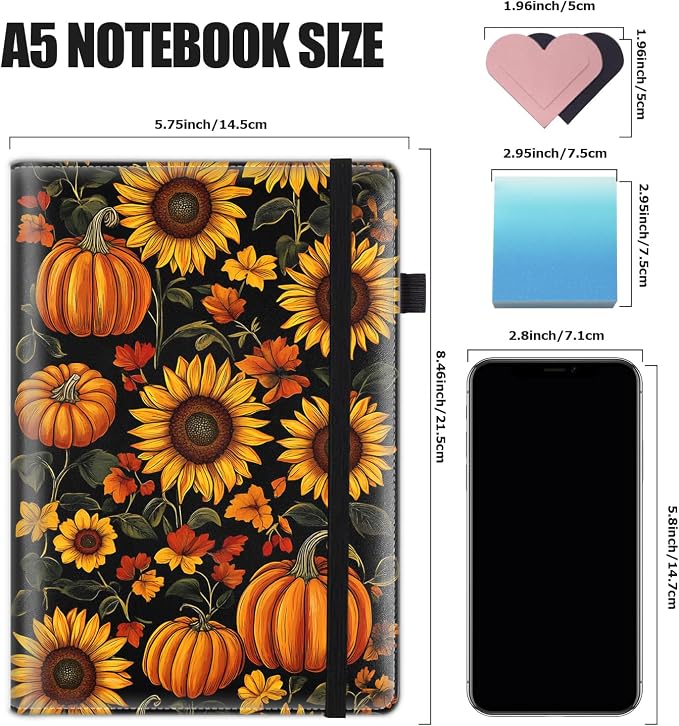 Hardcover Executive Notebooks, A5 PU Leather Lined Journal Notebook, 200 Pages Thick Paper Subject Notebooks for School,Work,Home Writing Business Notebook, Diary Book ，Pumpkin Sunflower