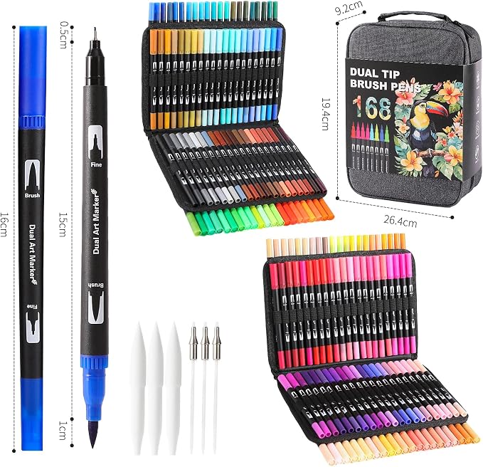 TOSHARE 168 Colors Brush & Fine Dual Tip Watercolor Markers for Adult Coloring Books No Bleeding Paint Pens For Drawing Note Taking Planner Calligraphy Journaling Card Making Back-to-School Supplies