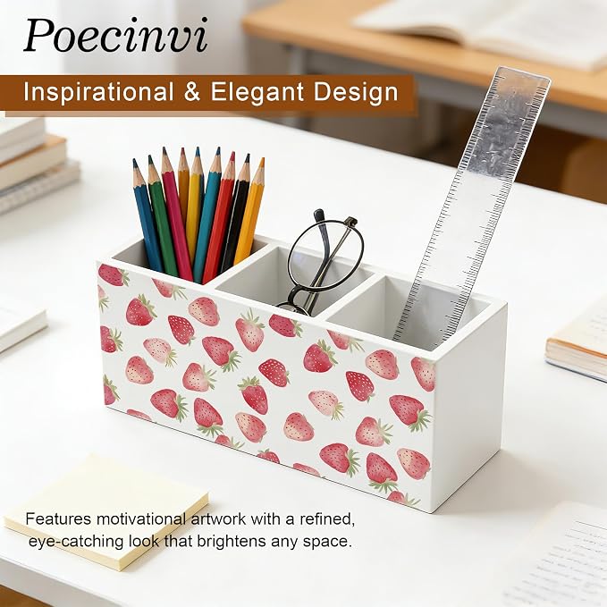 Watercolor Strawberry Pen Holder for Home Office Desk, Strawberry Lovers Gifts, Coquette Girly Fruit Aesthetic Wooden Box Sign Pencil Holder for Desk Shelf Organizer