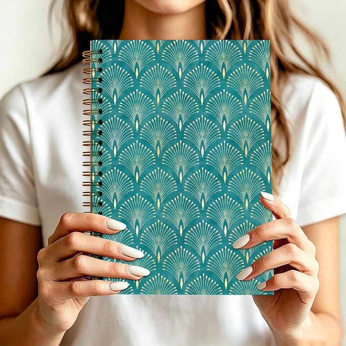 HOXUNQINA Art Deco Teal Green and Gold Journal Notebook 5.5x8.3 | Boho Abstract Peacock Feather Journal for Women, Luxury Modern Green and Gold Fan Notebooks for Work