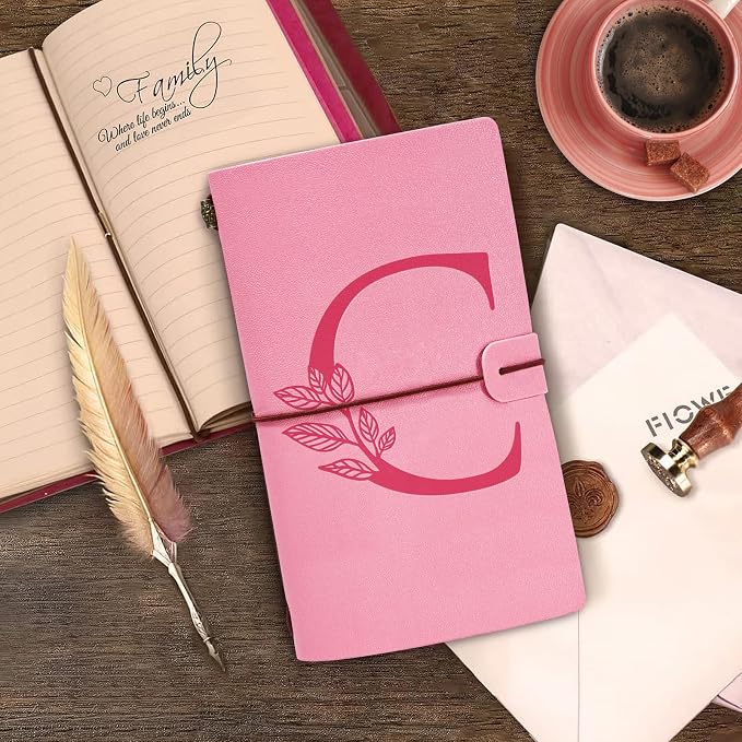 Personalized Journal Gift-Pink Initial Leather Journal+Heart Diamond Pen Set,Travel Notebook Diary Gifts,Refillable Notepads,Christmas,Birthday Gifts for Women Girls (7.9"x4.7") (C)