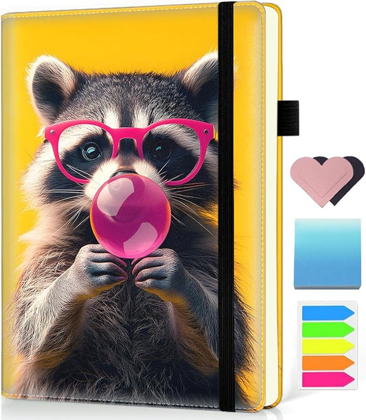 Hardcover Executive Notebooks, A5 PU Leather Lined Journal Notebook, 200 Pages Thick Paper Subject Notebooks for School,Work,Home Writing Business Notebook, Diary Book ，Raccoon Bubblegum