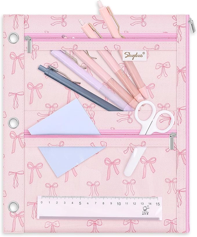 SKYDUE Binder Pencil Pouch for 3 Ring Binder, 3 Compartment Zipper Case, Large Capacity Pen Organizer with Clear PVC Window for School Supplies, Students, Kids & Teachers