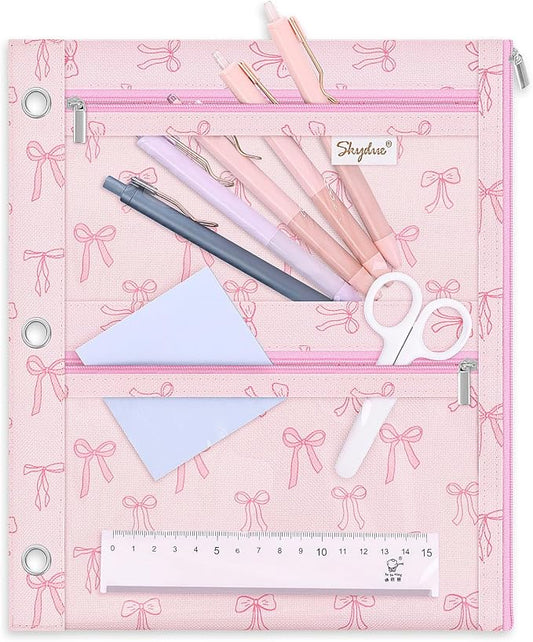 SKYDUE Binder Pencil Pouch for 3 Ring Binder, 3 Compartment Zipper Case, Large Capacity Pen Organizer with Clear PVC Window for School Supplies, Students, Kids & Teachers