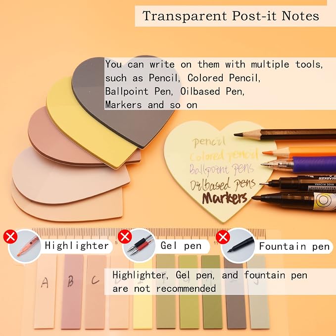 YOUDEFUL 800Pcs Transparent Sticky Notes, 2.76"x2.76" Clear Heart Sticky Notes, Waterproof Translucent Sticky Note Pads for Books Annotation, Clear Post it Notes for Bible Study, School, Office