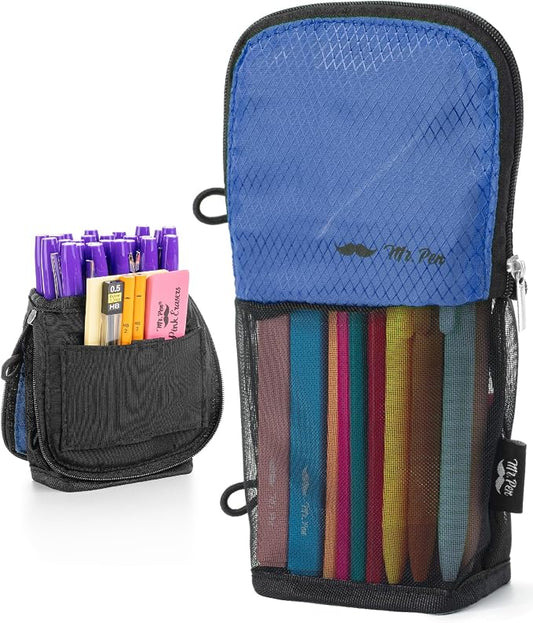 Mr. Pen- Standing Pencil Case Pouch, Sit & Lay Mesh-View Design | Black & Blue, Interior Pocket & 2 Elastic Binder Loops, Cute Pencil Case for Girls and Boys