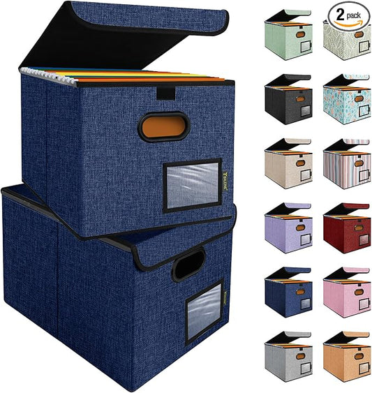 BALEINE File Organizer Box with Lid, Collapsible File Folder Organizer with Plastic Slide, Hanging File Folder Box for Office Document Storage (2 Pack, Blue)