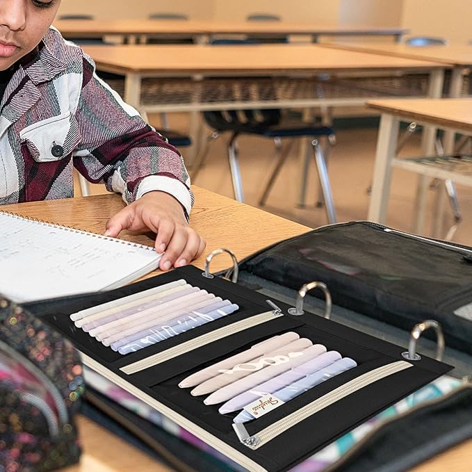 SKYDUE Pencil Pouch for 3 Ring Binder, 3 Compartment Zipper Pencil Case, Large Capacity Pen Organizer with Clear PVC Window for School Supplies, Students, Kids & Teachers