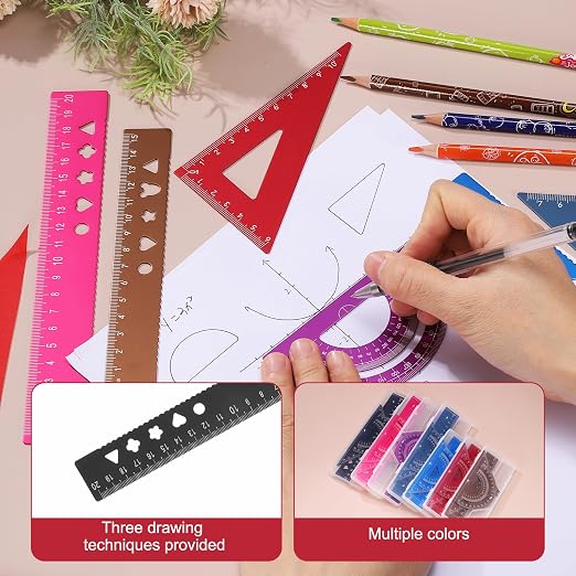 PATIKIL 4 Pcs Geometry Drafting Tool, Aluminum Alloy Geometry Kit Math Tool Includes 20cm L Ruler Protractor Triangles for Drafting Angle Measure Simple Science Experiment, Black