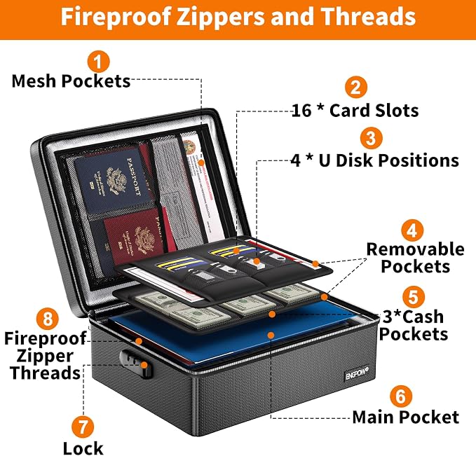 ENGPOW Fireproof Document Box with Lock & Heat-Resistant Fireproof Zipper | 6400°F 12-Layer Fire Protection,Hard Case File Organizer with Multi-Pocket,Portable Home Safe Storage for Money,Jewelry