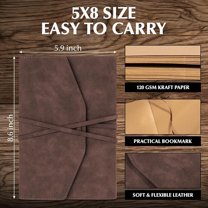 MINICAGIE Vintage Journal for Women Men Leather Bound Journaling Notebook Diary 160 Pages Book of Shadows Journal Soft Cover Journals for Writing Travel Gifts, 5.9x 8.6 in, Brown