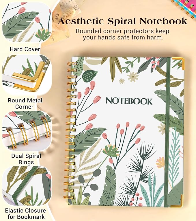 Lined Spiral Notebook Journal for Women, 150 Pages Aesthetic Notebooks 5.75” x 8.38”, A5 Hardcover Spiral Journals with 100 GSM Thick Paper, Cute College Ruled Notebook for Writing Work School, Colorful Botanicals