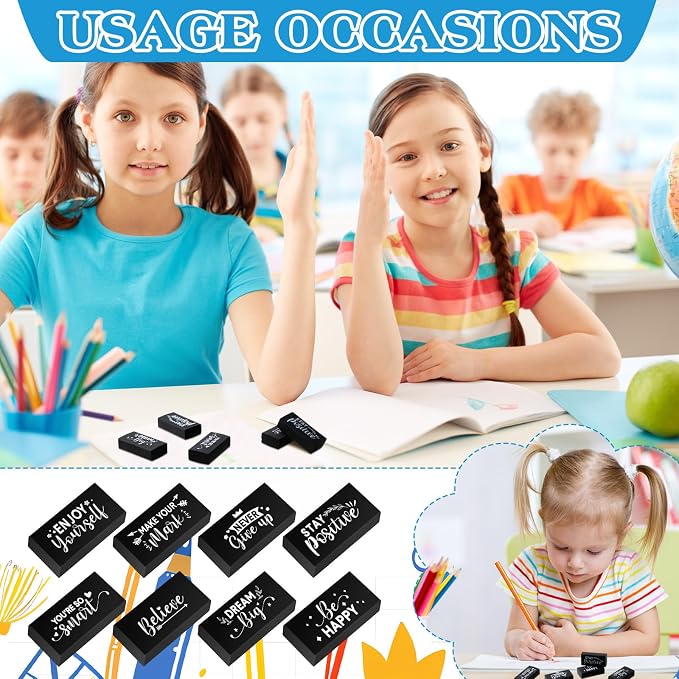 Dunzoom 100 Pcs Back to School Inspirational Pencil Erasers Bulk for Kids Fun Motivational Eraser School Office Supplies for Students Classroom Office Teacher Artists(Classic)
