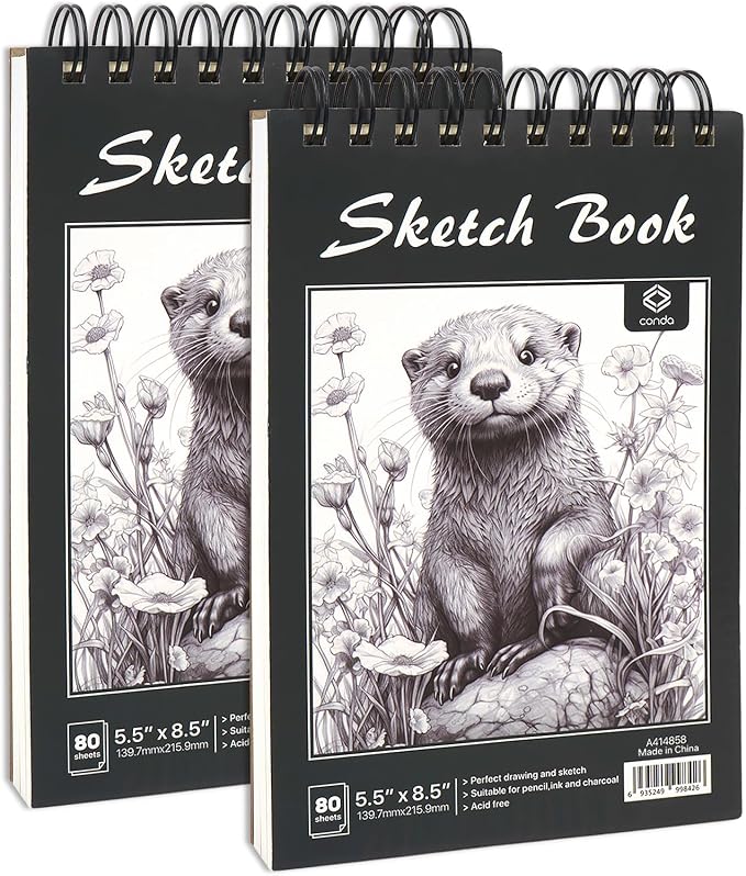 CONDA 5.5 x 8.5 Sketchbook Book, Top Spiral Bound Sketch Pad, 2 Pack, 80 Sheets Each (68lb/100gsm), Acid Free Art Paper for Drawing, Painting, Writing, Ideal for Beginners Artists Students Kids