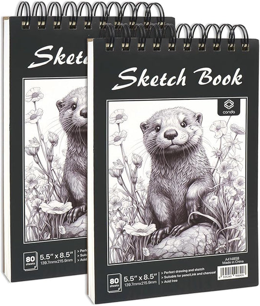 CONDA 5.5 x 8.5 Sketchbook Book, Top Spiral Bound Sketch Pad, 2 Pack, 80 Sheets Each (68lb/100gsm), Acid Free Art Paper for Drawing, Painting, Writing, Ideal for Beginners Artists Students Kids
