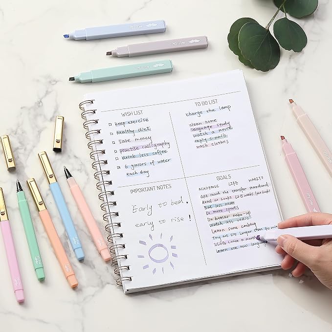 Mr. Pen- Aesthetic Highlighters and Ballpoint Pens No Bleed, 12 Pack | Pastel Colors, Bible Highlighters and Black Ink Pens No Bleed, Fast Dry and No Smear for Bible Journaling, Planner