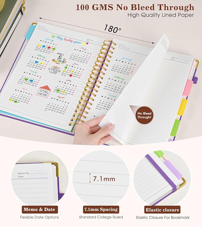 Hardcover Spiral Notebook with Removable Dividers Tabs, 300 pages Leather 5 Subject Notebook College Ruled, 6.2" x 8.2" Journal for Women Men, Small Notebooks for Work School Note taking,A5 Purple