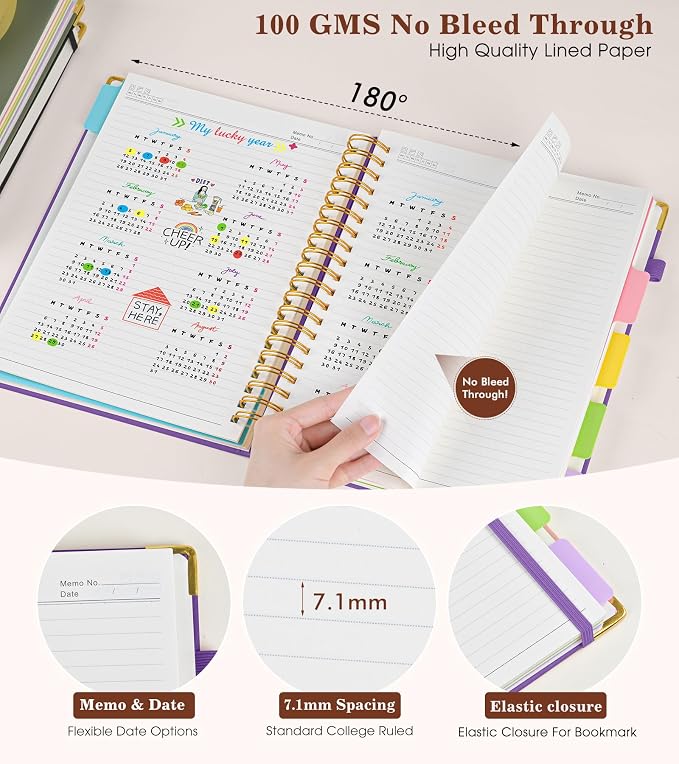 Hardcover Large Spiral Notebook journal with Removable Dividers Tabs, 300 pages Leather 5 Subject Notebook College Ruled, 8" x 10"Journal for Women Men, Notebooks for Work School Note taking,B5 Purple
