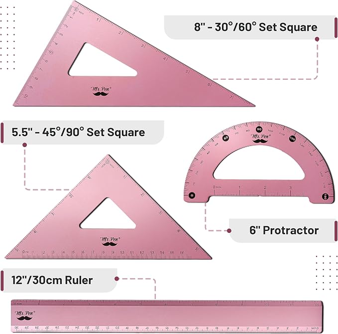 Mr. Pen- Metal Geometry Kit, 4 Pack, 45° & 30°/60° Set Squares | 6" Protractor & 12" Ruler, Durable Metal Drafting Tools for Technical Drawing, Math, Engineering & Architecture