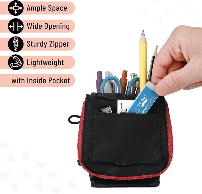 Mr. Pen- Standing Pencil Case Pouch, Sit & Lay Mesh-View Design | Black with Red Zipper, Interior Pocket & 2 Elastic Binder Loops, Cute Pencil Case for Girls and Boys