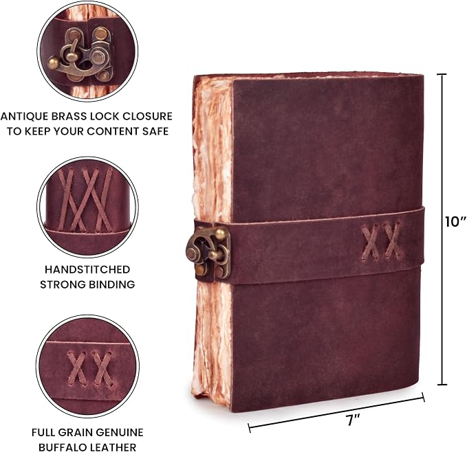 LEATHER VILLAGE Leather Bound Vintage Journal for Women & Men - Book of Shadows - Lock Closure - 200 Pages of Antique Deckle Edges Handmade Watercolor Paper - Fuchsia - 10X7 inches