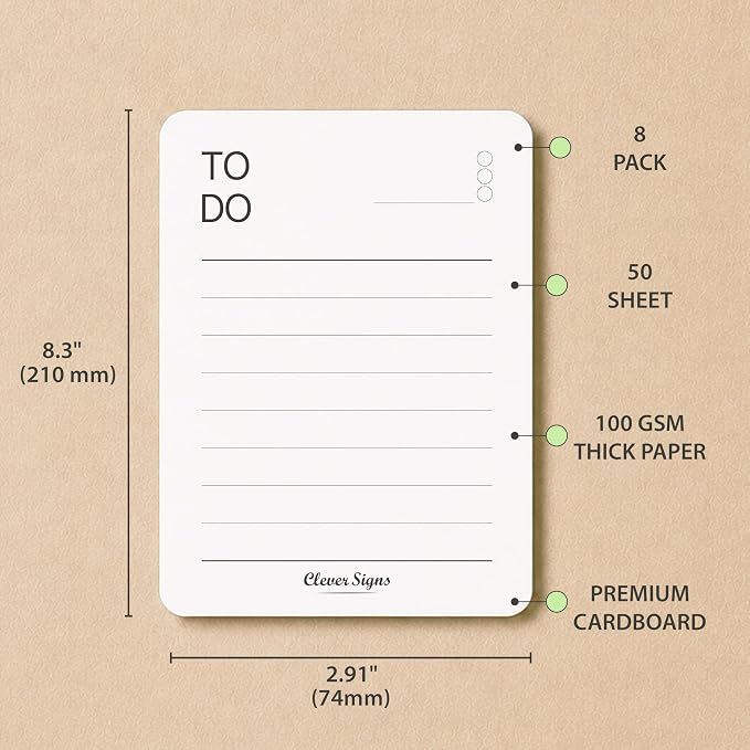 Mini To Do List Notepad 8 Pack, A7 Size 2.9" x 4.1", 50 Sheets Each, Undated Daily To Do Planner with Deadline Column, Thick Paper, Cardboard Backing, Small Checklist Memo Pads for Shopping, Work, Home & School