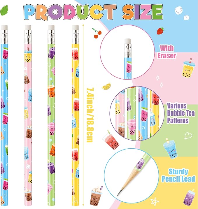 Xqumoi 60Pcs Bubble Tea Pencils with Eraser - Boba Milk Tea #2 HB Pencils, School Classroom Student Rewards Office Supply Holiday Gift Goodie Bag Fillers Stuffers Birthday Party Favors