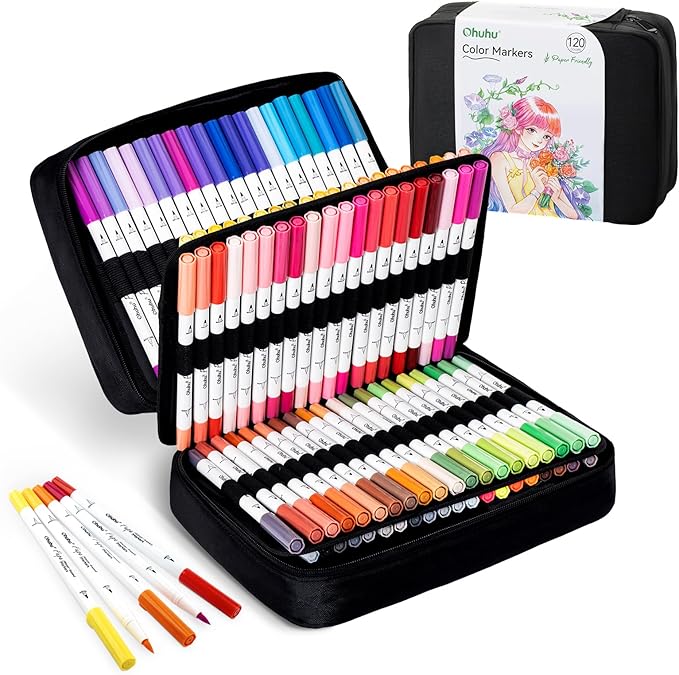 Ohuhu Adult Coloring Book Markers Paper-friendly Water-Based 120 Color-Pupe | Coloring Markers No Peeling Dual Brush Fine Tips Ohuhu Markers No Bleeding Drawing Pens for Kids Adults Beginner Calligraphy