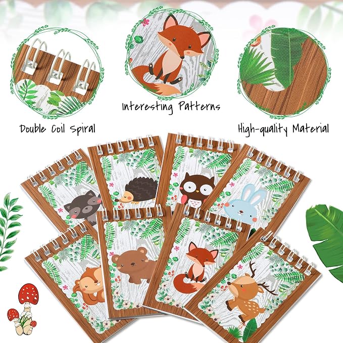 Clabby 32 Pieces Mini Notebooks for Kids Woodland Party Favors, Woodland Animal Mini Notepads Forest Animals Spiral Notebook Owl Raccoon Squirrel Rabbit Decor for Kids Classroom (Cute Style)