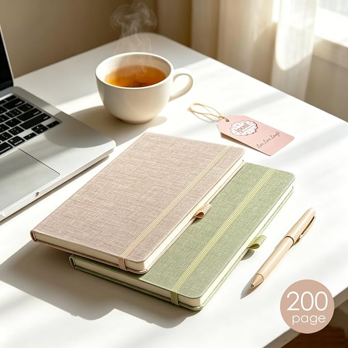 ipoul A5 Notebook, Linen Journal, 8x6, Lined Page, Journal for Writing, Hardcover, Lay Flat, Elastic Closure & Pen Loop, Green