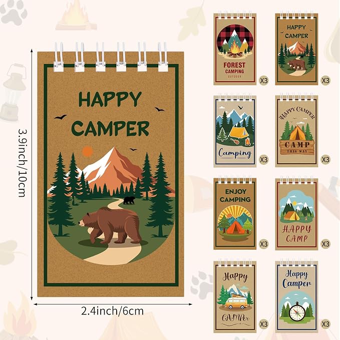 Atiloy 24 PCS Mini Notebooks Bulk for Camping Party Favors Small Pocket Notepad for Camping Journal Spiral Notebook for Work Home Office School Adventure Gifts, 8 Design